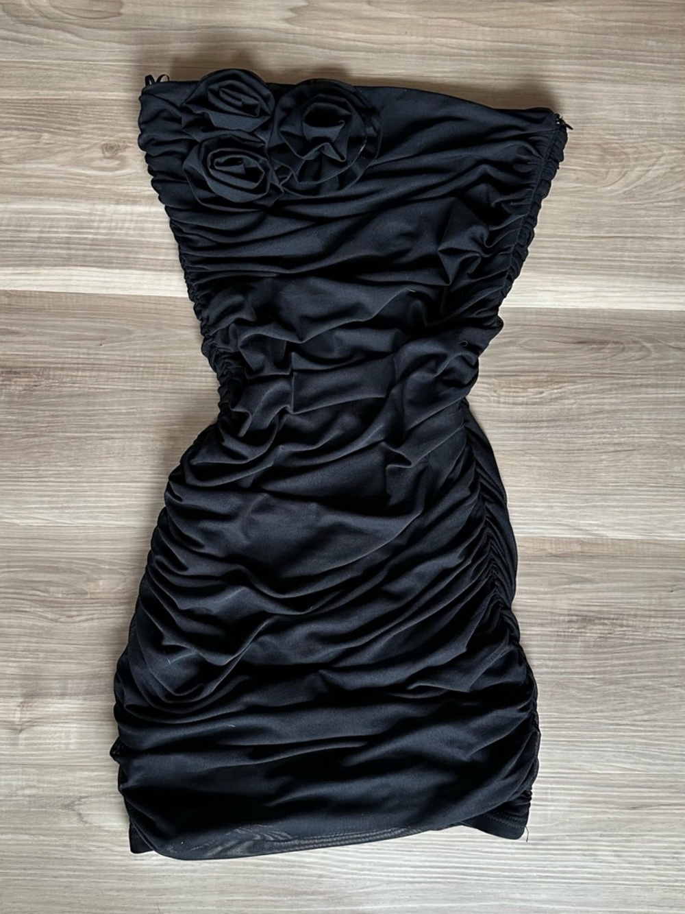 superdown Black Strapless Ruched Cocktail Dress with Rosette Detail